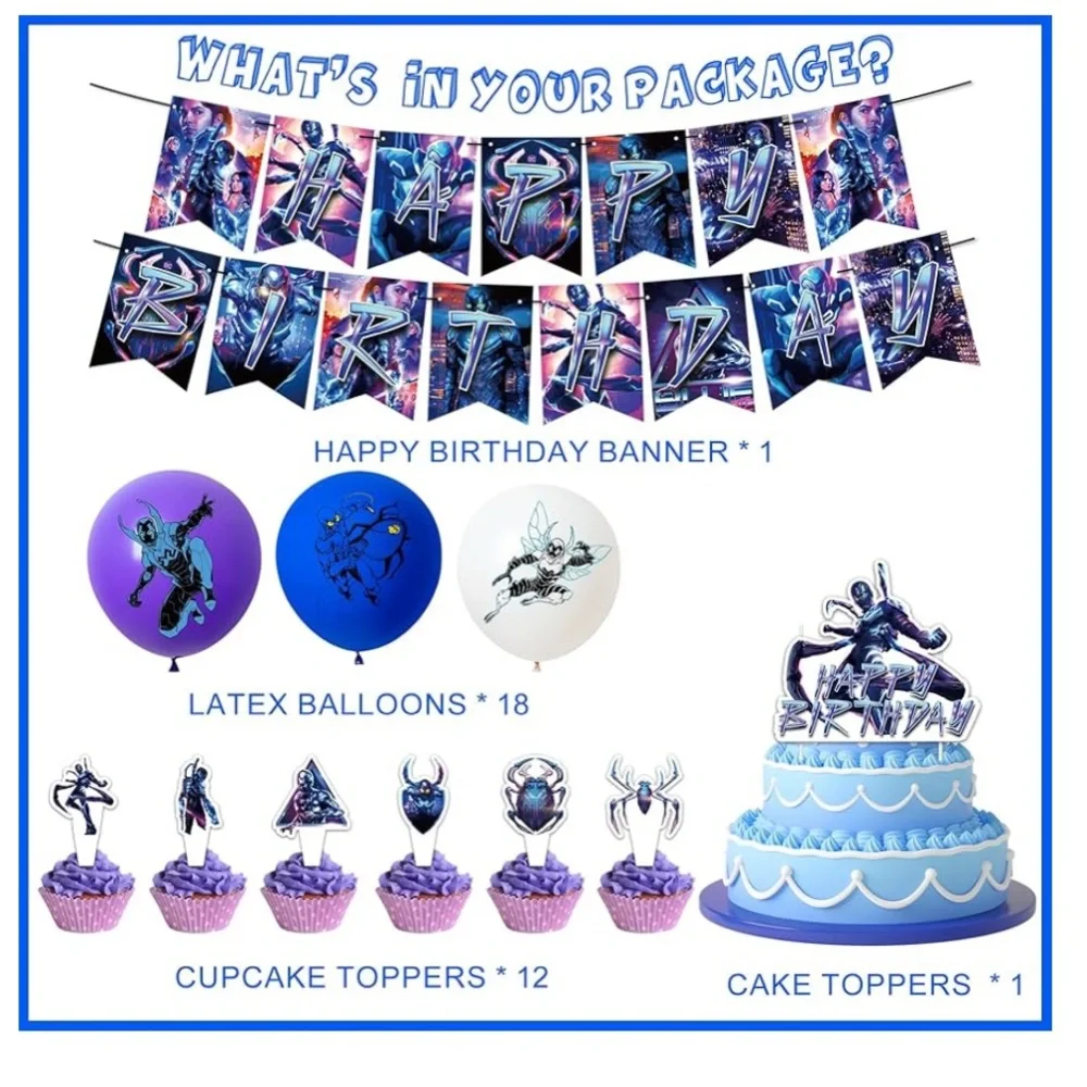 Blue beetle Happy Birthday kit,banner, balloons, cupcake picks. Blue beetle